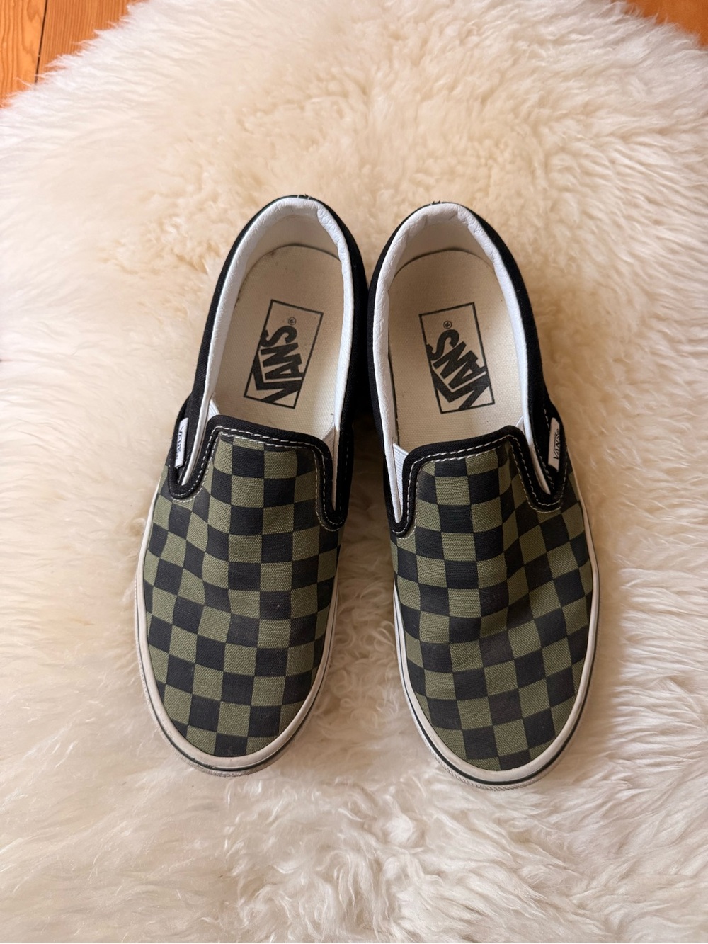 Vans Kids Slip-On Checkerboard Sneakers in Olive Green and Black